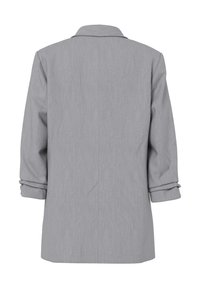 Manteau long gris clair avec col et manches trois-quarts, vu de dos sur fond blanc.