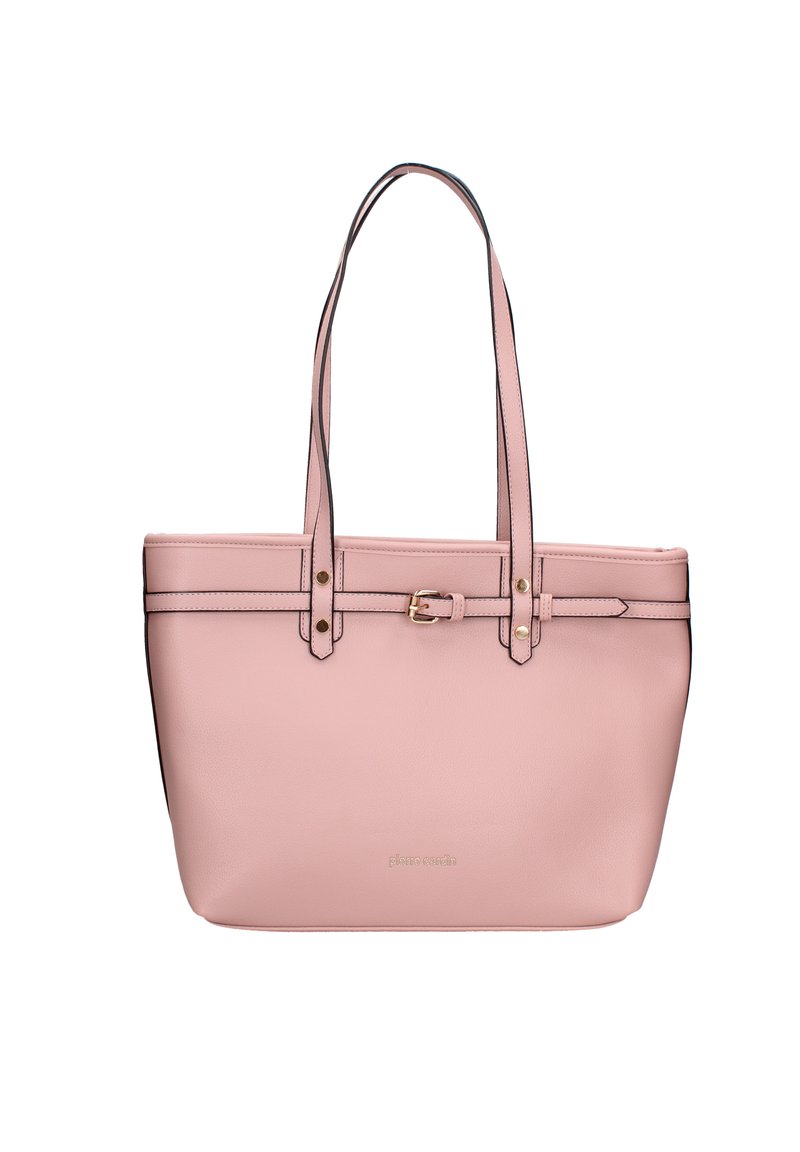 Borsa tote in pelle rosa con due manici lunghi, dettagli in hardware dorato e un design strutturato, caratterizzata da bordi scuri e un dettaglio con chiusura.