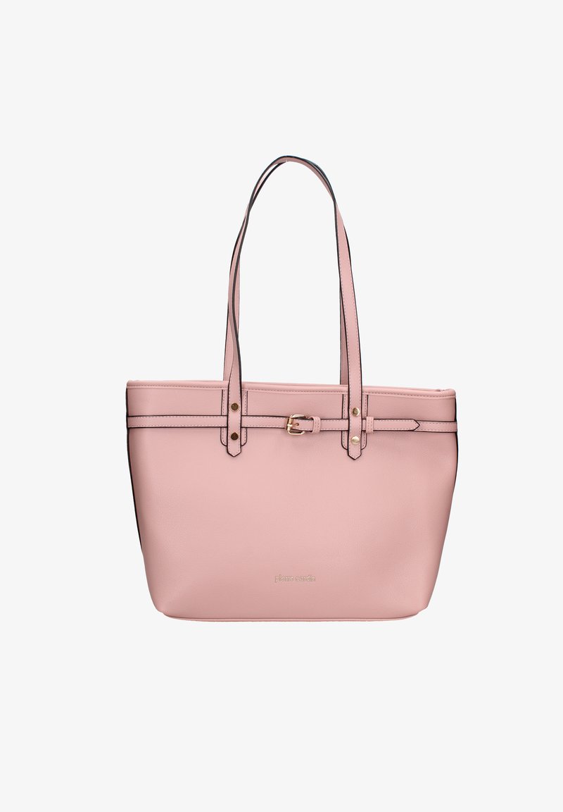 Roze leren tote bag met twee lange handvatten, gouden hardware accenten en een gestructureerd ontwerp, met donkere afwerking en een sluitingdetail.