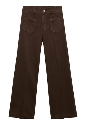 Brown wide-leg pants with two square front pockets, belt loops, and a button closure.