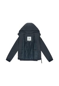 Veste imperméable bleu marine foncé avec capuche, poignets côtelés et doublure intérieure lisse. Comprend une étiquette en tissu à l'intérieur et plusieurs poches.