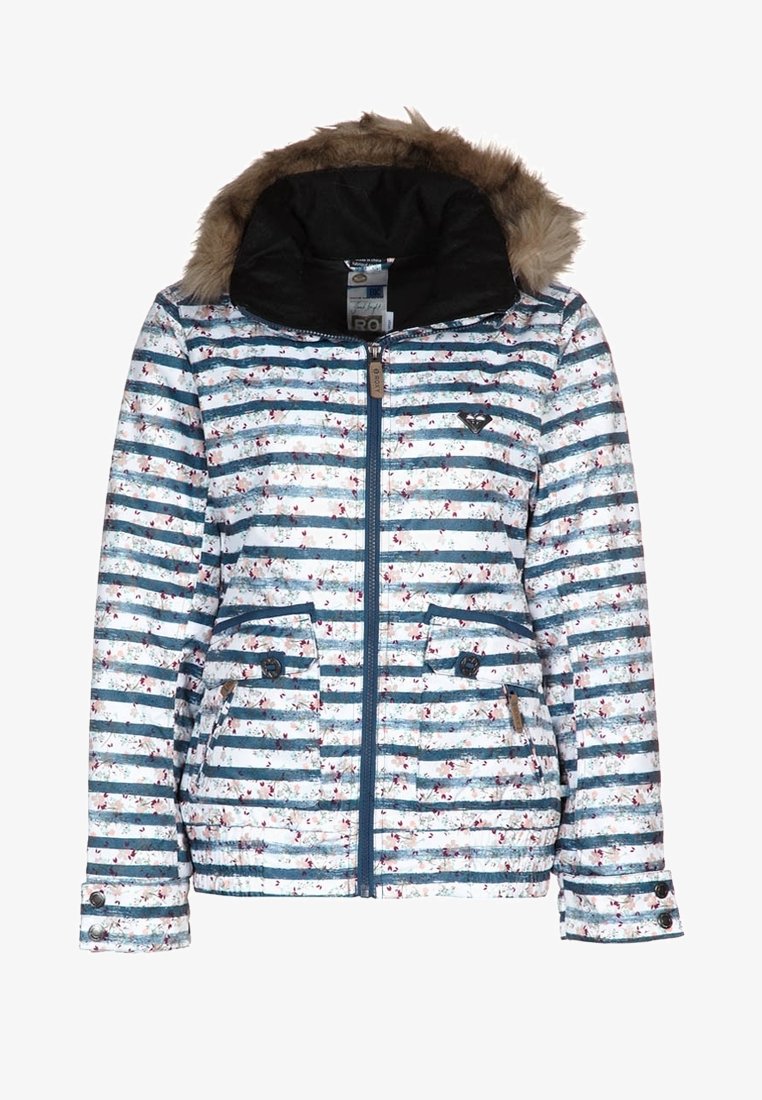 Veste d’hiver rayée avec des lignes horizontales bleues et blanches, petits motifs floraux, fermeture éclair à l’avant, deux poches à boutons et une capuche doublée de fourrure.