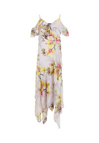 Bloemenmaxi-jurk met een lichtroze achtergrond, off-shoulder mouwen, ruches en een gelaagde zoom met gele en roze bloemen.