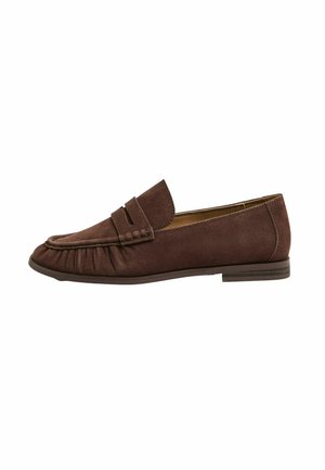 Brown suede loafer with a pleated front and decorative band, featuring a low heel and rounded toe.