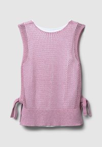 Top senza maniche rosa a maglia con texture a rete aperta, presenta dei lacci ai lati e un rivestimento bianco solido nel colletto.