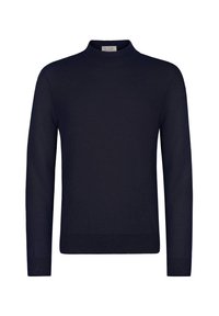 Marinblå långärmad tröja med ribbad höghals, muddar och fåll, tillverkad av fint stickat tyg.