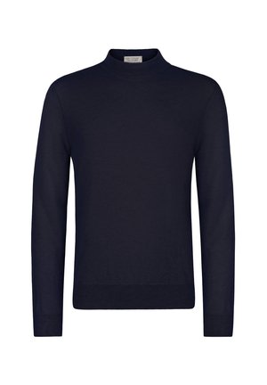 Marinblå långärmad tröja med ribbad höghals, muddar och fåll, tillverkad av fint stickat tyg.