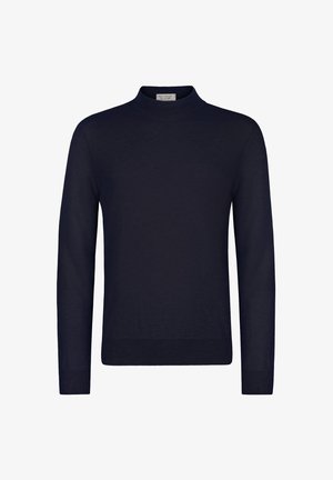 Marinblå långärmad tröja med ribbad höghals, muddar och fåll, tillverkad av fint stickat tyg.