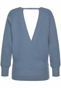 Pull bleu côtelé avec un dos en V profond, manches longues et ourlet ajusté. La texture est douce avec des rayures verticales sur le tissu.