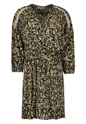 Robe courte fleurie avec motif noir, blanc et jaune, col en V boutonné, manches 3/4 bouffantes, taille élastique et détails en dentelle aux épaules.