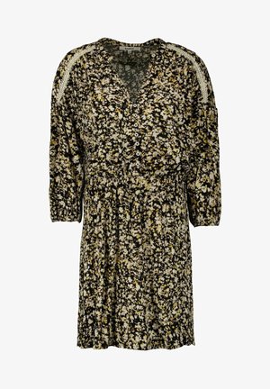 Kurzes Blumenkleid mit schwarzem, weißem und gelbem Muster, knöpfbarem V-Ausschnitt, 3/4 Puffärmeln, elastischer Taille und Spitzen-Details an den Schultern.