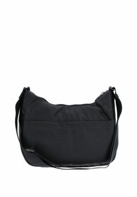 Borsa a spalla nera in nylon con superficie testurizzata, tracolla regolabile, scomparto principale con zip e tasca esterna piatta.