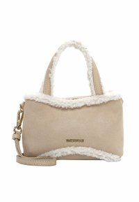 Beige suede handbag featuring a fluffy white trim, dual handles, detachable strap, and gold hardware accent. Compact, rectangular design.