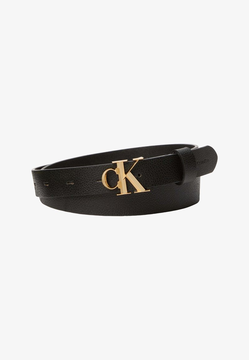 Black textured leather belt with gold interlocking "cK" logo buckle, displayed coiled on a white background.