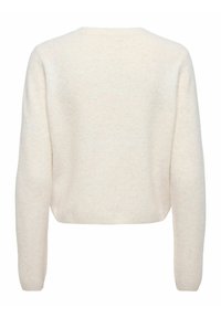 Maglione color crema con un tessuto morbido e testurizzato. Presenta maniche lunghe e un design cropped. La vista dal retro mostra un collo pulito e dettagli minimi.
