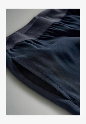 Marineblå stofshorts med en plisseret talje og glat tekstur. Har stikninger og et minimalistisk design.