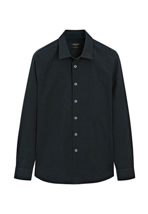Black long-sleeve button-up shirt with collar, seven buttons down front, and cuffs, displayed on white background.