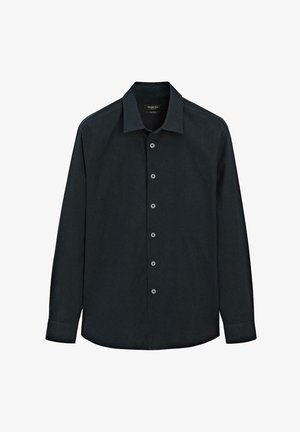 Black long-sleeve button-up shirt with collar, seven buttons down front, and cuffs, displayed on white background.