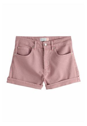 Pink denim shorts with rolled cuffs, front button and zipper closure, belt loops, and five-pocket design on a white background.