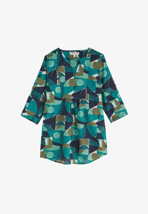 Večbarvna tunika s V-izrezom, okrašena z geometrijskimi vzorci v zeleni, morski in temno modri barvi, izdelana iz lahkotnega materiala z sproščenim krojem.