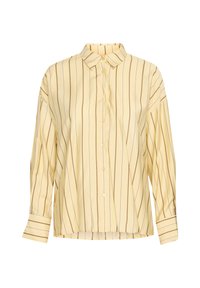 Camicia button-up gialla con righe verticali viola, colletto classico e maniche lunghe con orli a polsino e taglio dritto.