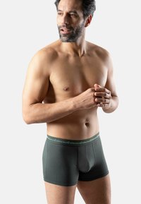 Shorts boxers vert foncé en tissu lisse, dotés d'une taille élastique avec un logo discret, et d'un design ajusté.