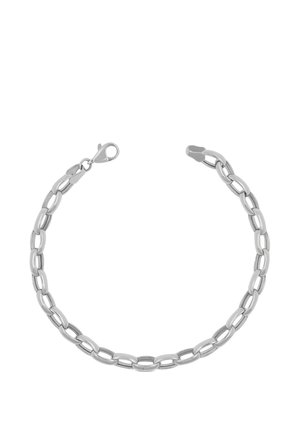 Bracciale a catena in metallo tono argento con maglie ovali e chiusura a moschettone su sfondo bianco.