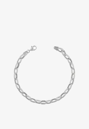Bracciale a catena in metallo tono argento con maglie ovali e chiusura a moschettone su sfondo bianco.