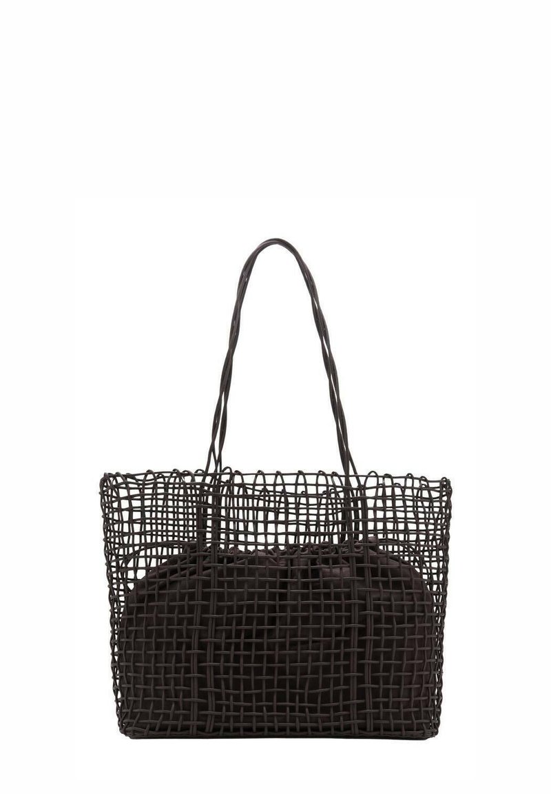 Borsa a rete nera con un design a griglia strutturata. Presenta un morbido rivestimento interno scuro e manici lunghi e arrotondati per il trasporto.