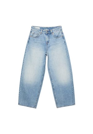 Jean large taille haute bleu clair avec poches avant, fermeture par boutons, et zones décolorées sur les cuisses, posé à plat sur un fond blanc.