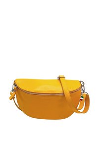 Yellow leather handbag with a rounded shape, textured surface, top zipper, and a detachable strap. Includes a color-flag accent.