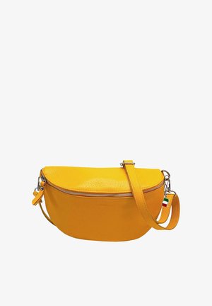 Gelbe Lederhandtasche mit runder Form, strukturierter Oberfläche, oberen Reißverschluss und abnehmbarem Tragegurt. Enthält ein farblich abgestimmtes Akzent.