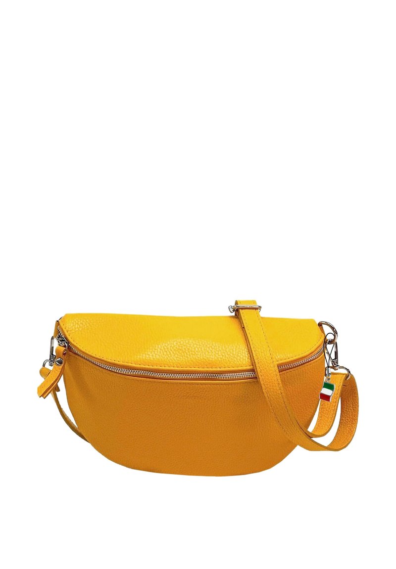 Yellow leather handbag with a rounded shape, textured surface, top zipper, and a detachable strap. Includes a color-flag accent.
