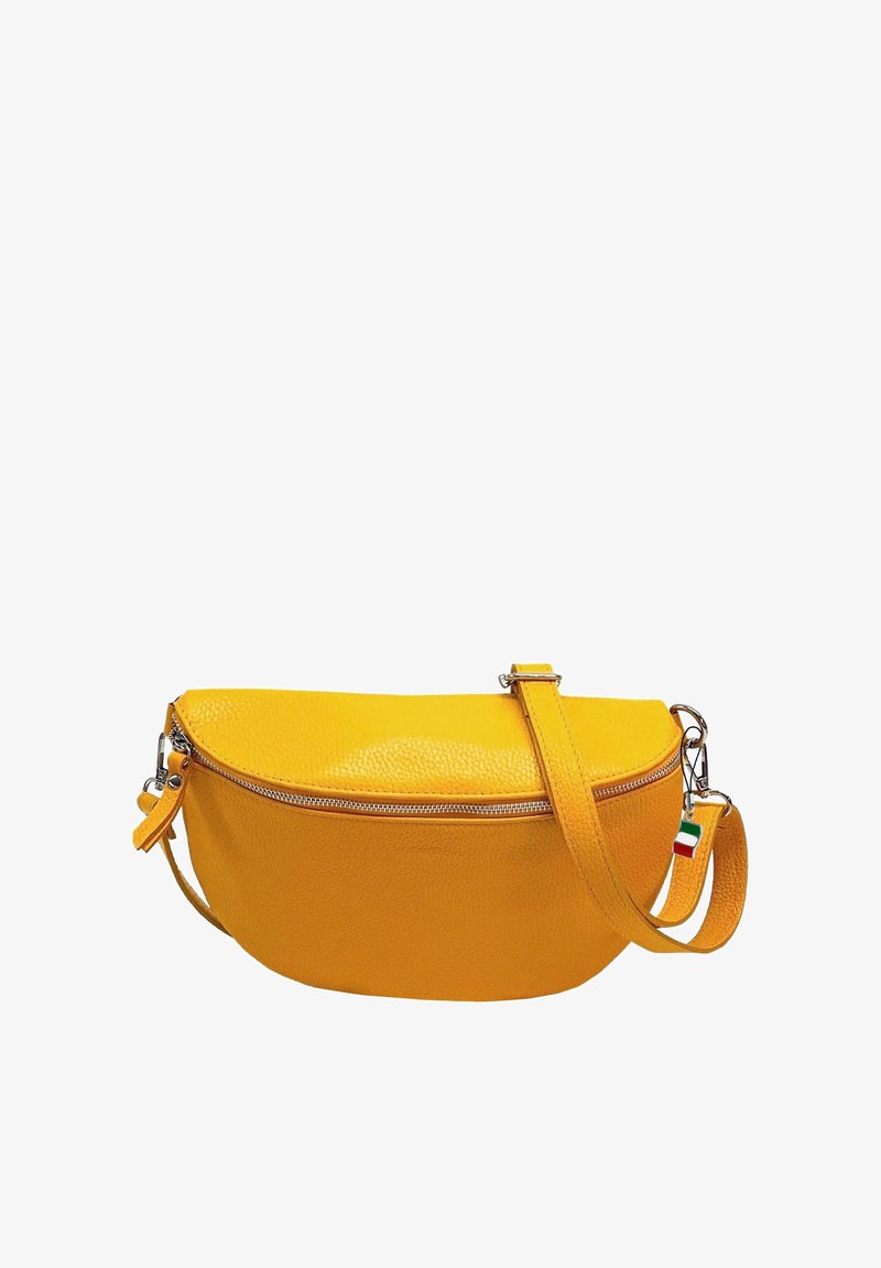 Yellow leather handbag with a rounded shape, textured surface, top zipper, and a detachable strap. Includes a color-flag accent.