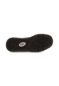 Zwarte rubberen schoenzool met getextureerd grippatroon, met een rollingsoft-label in rood en wit in het midden. Duurzaam enFunctioneel ontwerp.