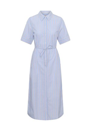 Light blue midi shirt dress with white and red vertical stripes, short sleeves, button-down front, collar, and waist tie belt.