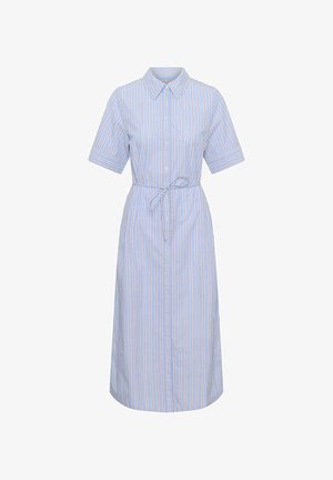 Light blue midi shirt dress with white and red vertical stripes, short sleeves, button-down front, collar, and waist tie belt.