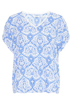 Bunt bedrucktes Kurzarmoberteil in Blau und Weiß mit einem V-Ausschnitt, lockerer Passform und detailliertem Muster mit Blatt- und Blütenmotiven.