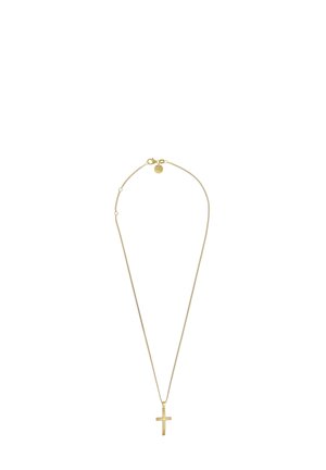 Gold-tone metal necklace featuring a thin chain with a small, minimalistic cross pendant. Pendant has a smooth, polished surface.
