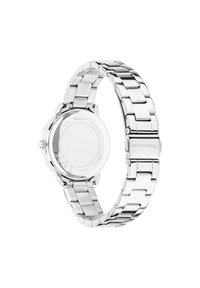 RVS polshorloge met een gepolijste zilveren band en kast. Beschikt over een ronde kast achterkant en opvallende schakels op de armband.