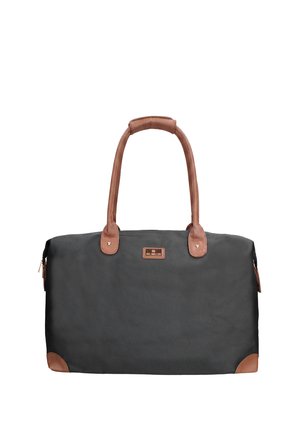 Schwarze rechteckige Reisetasche mit braunen Ledergriffen und Eckakzenten, mit zentralem Markenlogo-Patch.