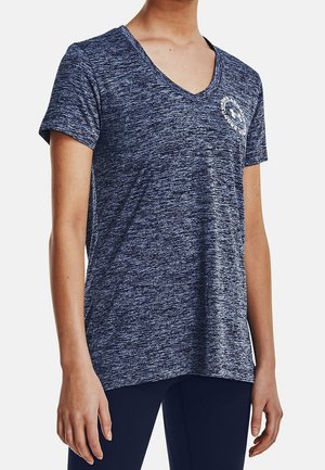 Navy heathered T-shirt with V-neck, short sleeves, and a small logo on the chest. Made from soft, lightweight material.