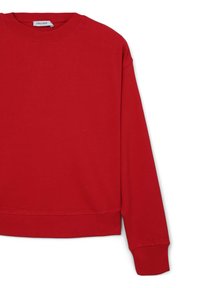 Felpa rossa con maniche lunghe, collo a giro e polsini e orlo a costine. Realizzata in un tessuto morbido. Senza motivi o dettagli notevoli.