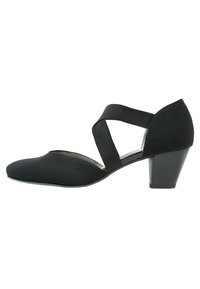 Scarpa con tacco nera con tomaia in tessuto testurizzato, punta affusolata e cinturini elastici incrociati; presenta un tacco robusto a blocco.