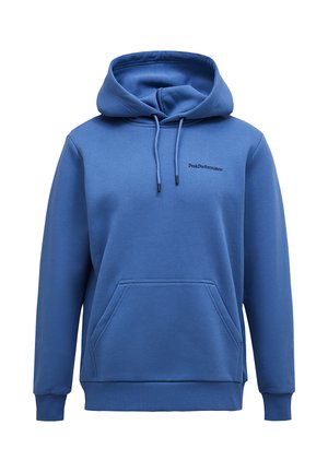 Felpa con cappuccio blu con coulisse, tasca a marsupio frontale, polsini e orlo a costine, e piccolo logo "Peak Performance" sul petto.