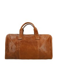 Borsa da viaggio in cuoio marrone con manici doppi, forma rettangolare e cuciture visibili, isolata su sfondo bianco.