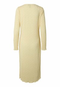 Φωτεινό κίτρινο midi φόρεμα με μακριά μανίκια, πλεκτό με ριπ και διακριτικό πουα σχέδιο, με κυματιστές άκρες στα μανίκια και το τελείωμα, πίσω όψη.