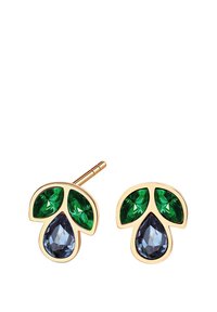 Złote kolczyki z zielonymi i niebieskimi kamieniami szlachetnymi w kształcie gruszki ułożonymi w wzór liścia, z zapięciem na sztyft.