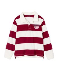 Langarm-Polohemd mit maroon und weißen horizontalen Streifen, einem Kragen und "SUNRIDGE HILLS SCHOOL" auf der Vorderseite gestickt.