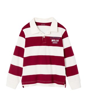 Langarm-Polohemd mit maroon und weißen horizontalen Streifen, einem Kragen und "SUNRIDGE HILLS SCHOOL" auf der Vorderseite gestickt.